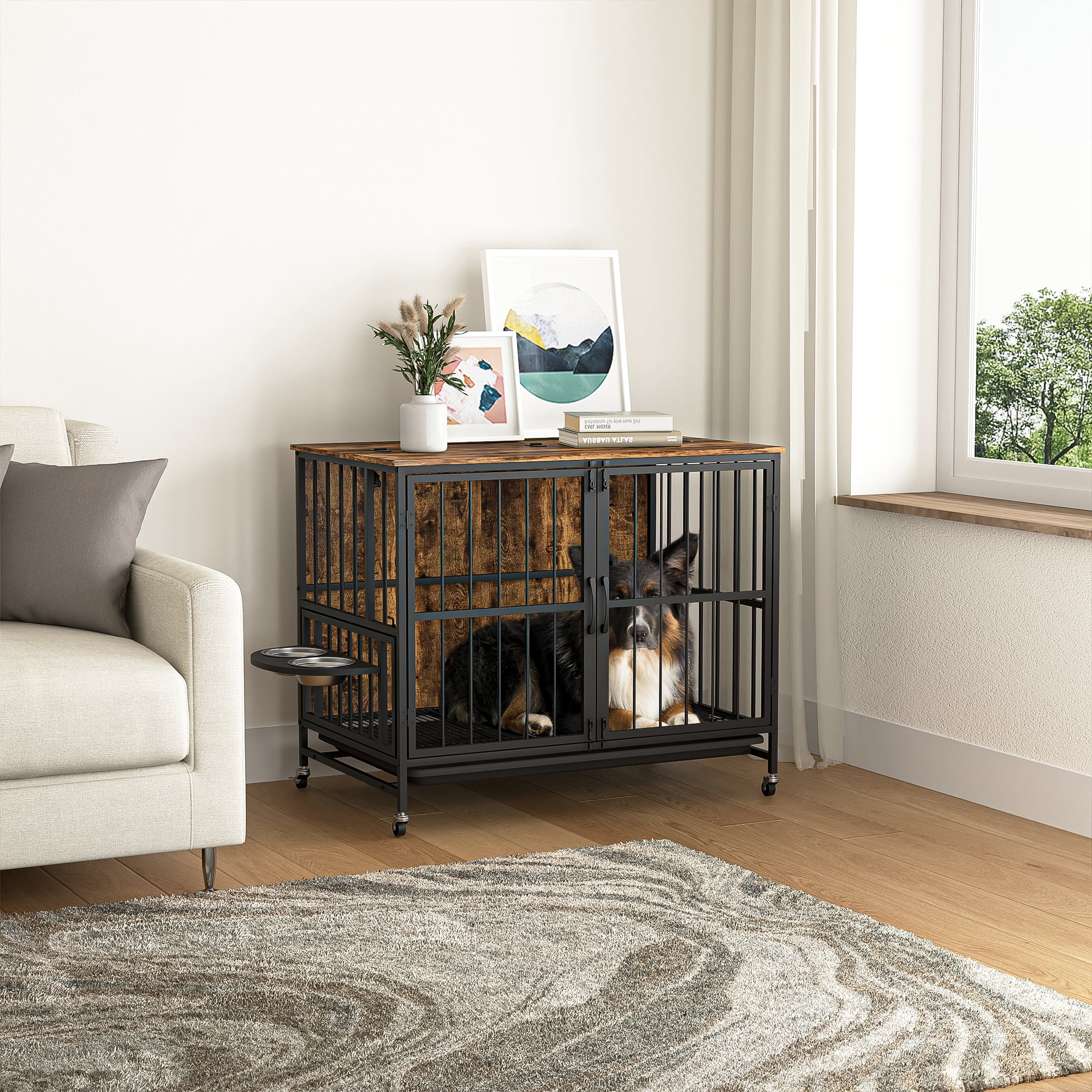 Hommoo Modern Kennel Dogs Room, Double-Door Dog House with Removable Tray, lift Panel, Adjustable Feeding Bowls, Dog Crate Cage for up to 80 LB, Brown