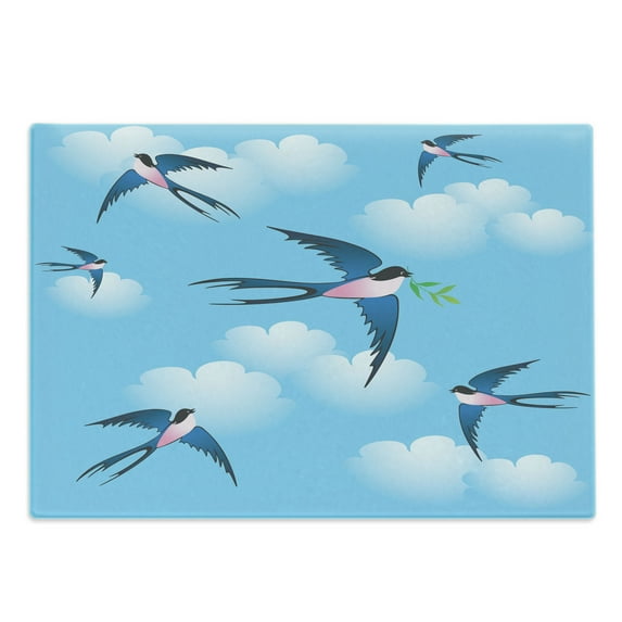 Birds Cutting Board, Illustration of Blue Swallow Bird Among the Clouds Known As Hirundo Atrocaerulea, Decorative Tempered Glass Cutting and Serving Board, in 3 Sizes, by Ambesonne
