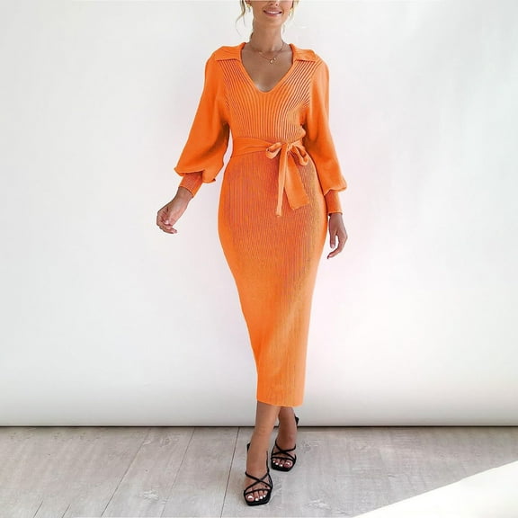 RYDCOT Pullover Sweaters for Women V Neck Sweater Dress Long Sleeve Slim Bodycon Fall Winter Ribbed Knit Maxi Dress for Women Sale