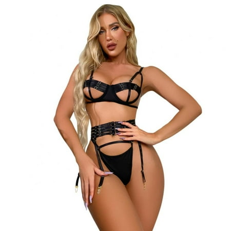 

Xmarks Lingerie for Women Sexy Lingerie with Belt 2 Piece Lingerie Set Teddy Bodysuit Black L