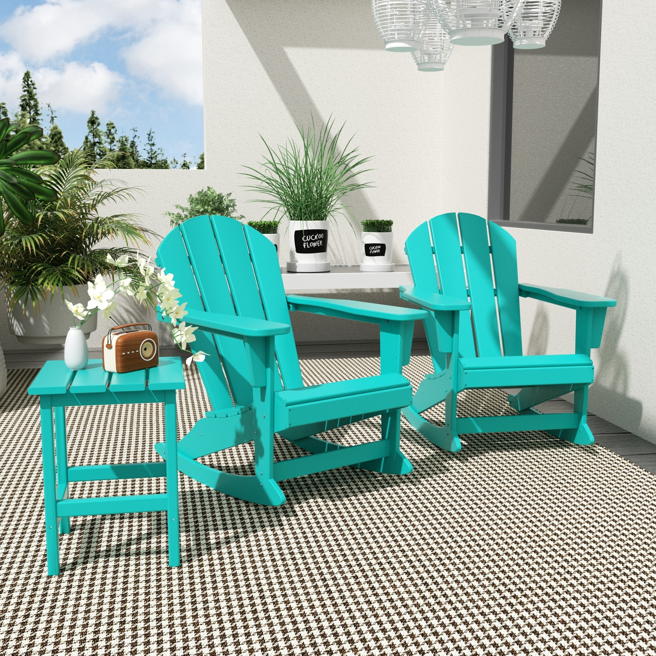 Polytrends  Laguna 3-Piece Poly Adirondack Rocking Chairs and Side Table Set Turquoise