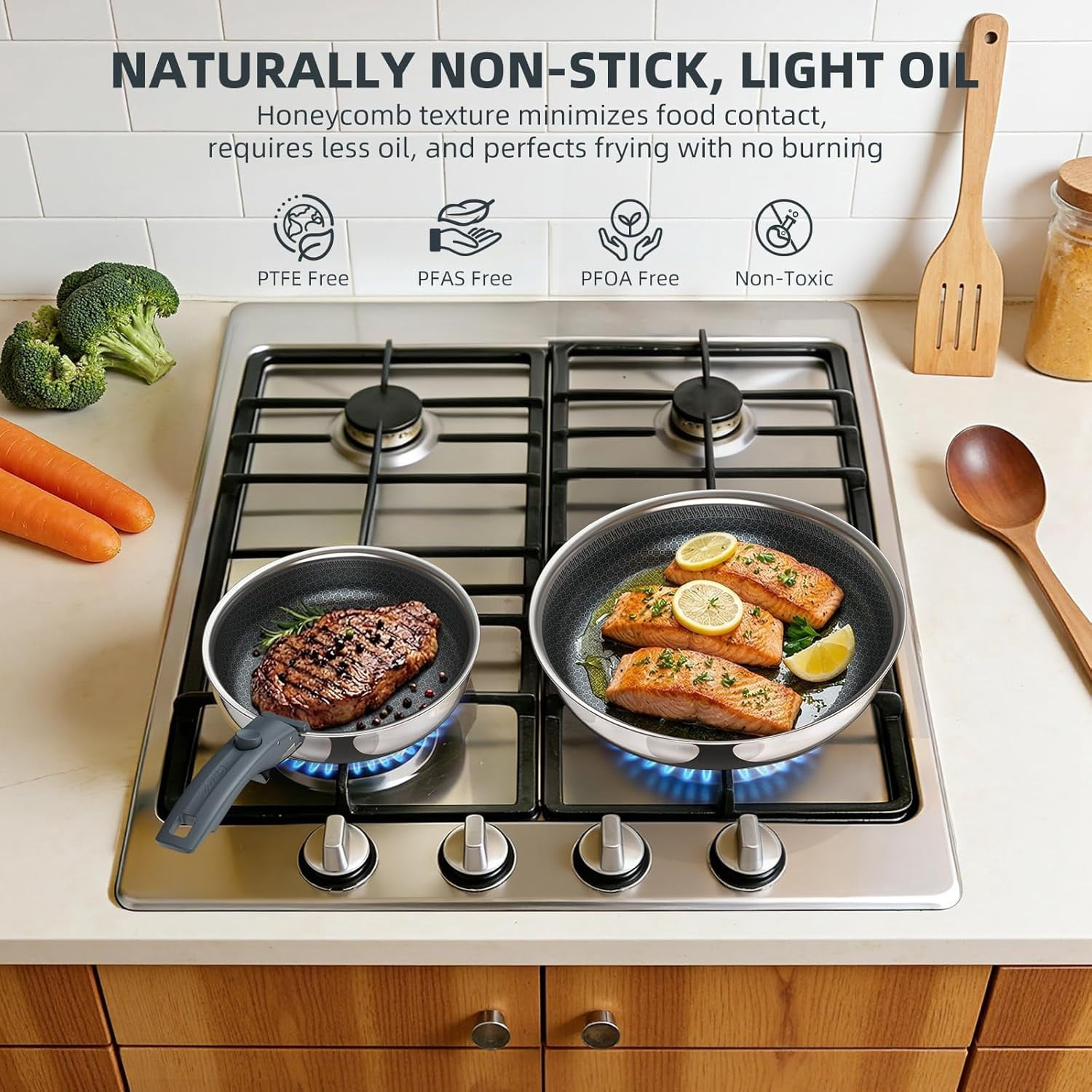 Hybrid Non Stick Frying Pans Set 3-Piece Tri-Ply Stainless Steel Detachable Handle Skillets for All Cooktops