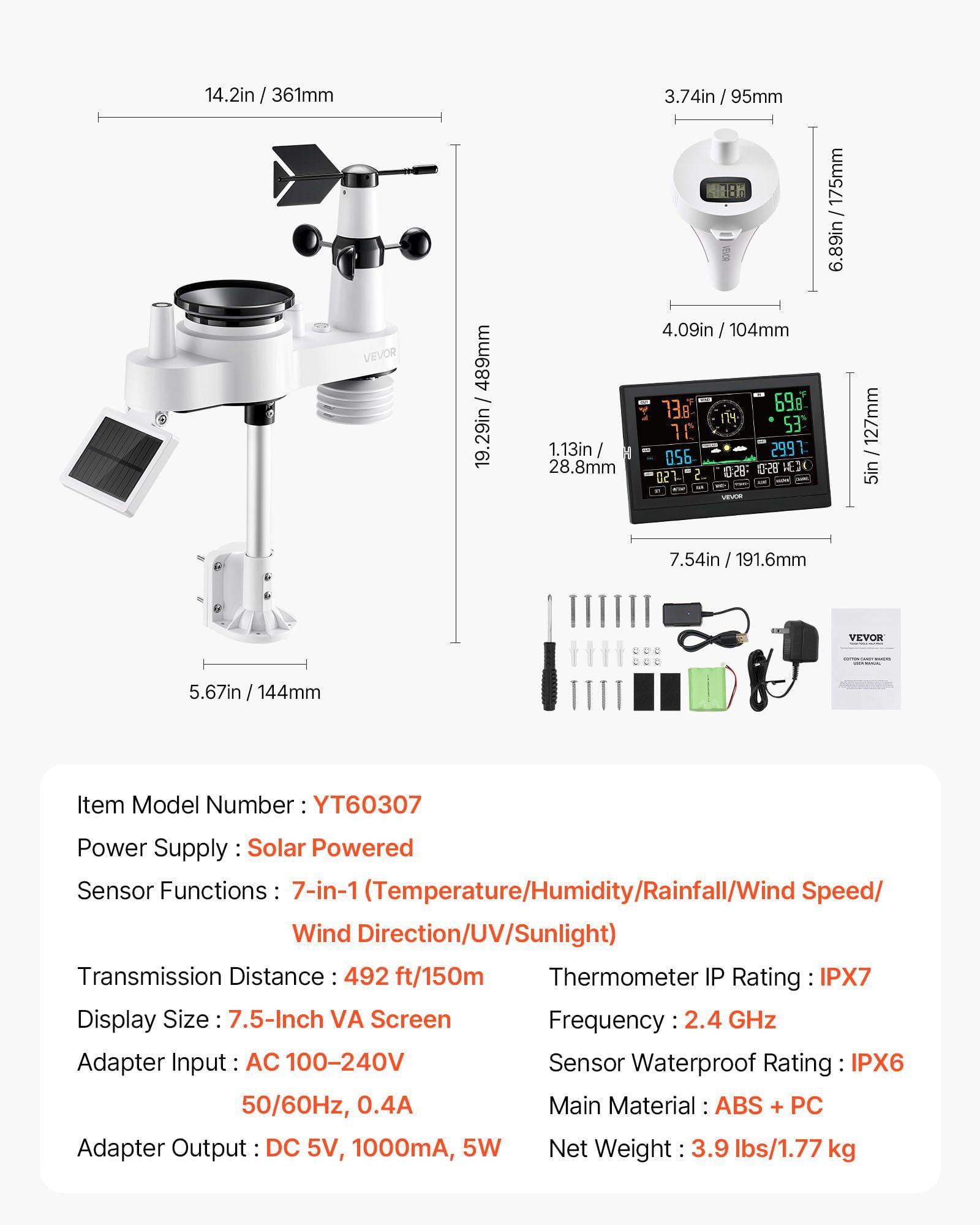 Solar 7-in-1 Wireless Weather Forecast Station, 7.5" Display, Pool Temp, Rain Gauge & Wind Speed