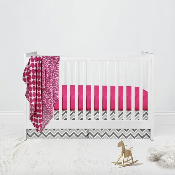 Bacati - Ikat Leopard/Dots/Damask 4-Piece Crib Bedding Set with 2 Muslin Swadling Blankets, Pink/Grey