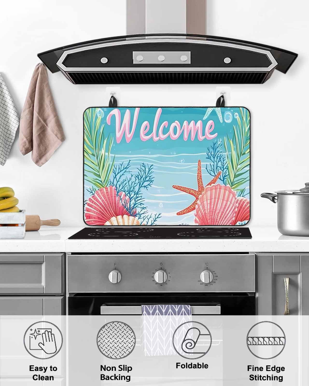 nqOlkjepod Large Induction Cooktop Protector Mat 24"x21", Blue Beige Coastal Beach Stove Top Covers for Electric Stove, Summer Ocean Coral Wave Stove Burner Cover Mats, Glass Top Stove Cover