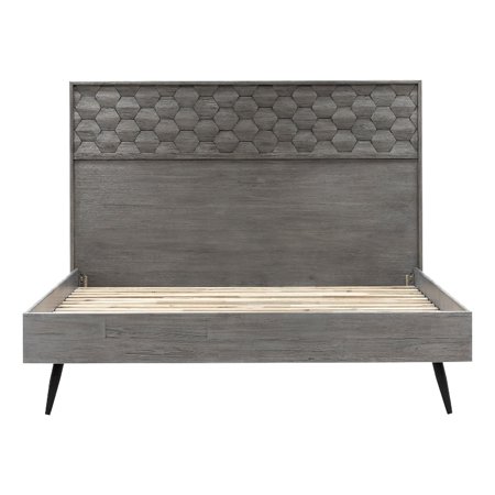 Amber Acacia Wood King Size Platform Bed Honeycomb Headboard Design Gray