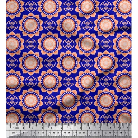 Soimoi Blue Cotton Cambric Fabric Vector Design Damask Printed Craft Fabric by the Yard 56 Inch Wide