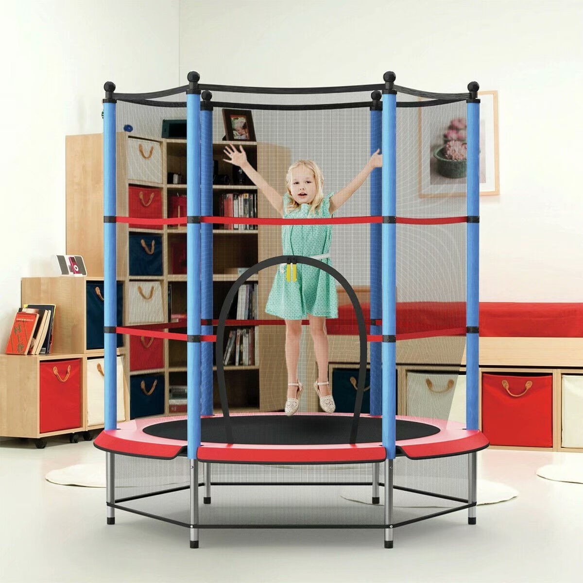 55" Youth Jumping Round Trampoline with Safety Pad Enclosure