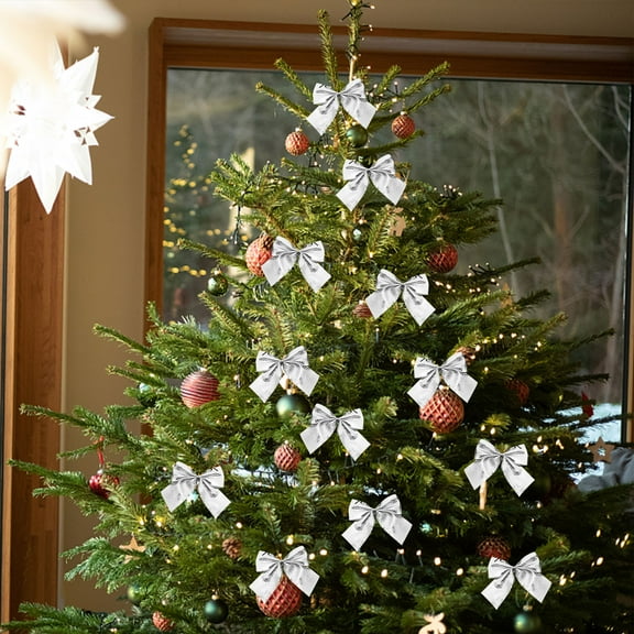 Bows For Christmas Tree,Silver Glitter Wired Ribbon Bows Tie Premade Flocking Christmas Bows for Gift Wrapping, Wreath, Garland, Holiday Crafts Party Home Outdoor Christmas Tree Decorations, 12 PCs