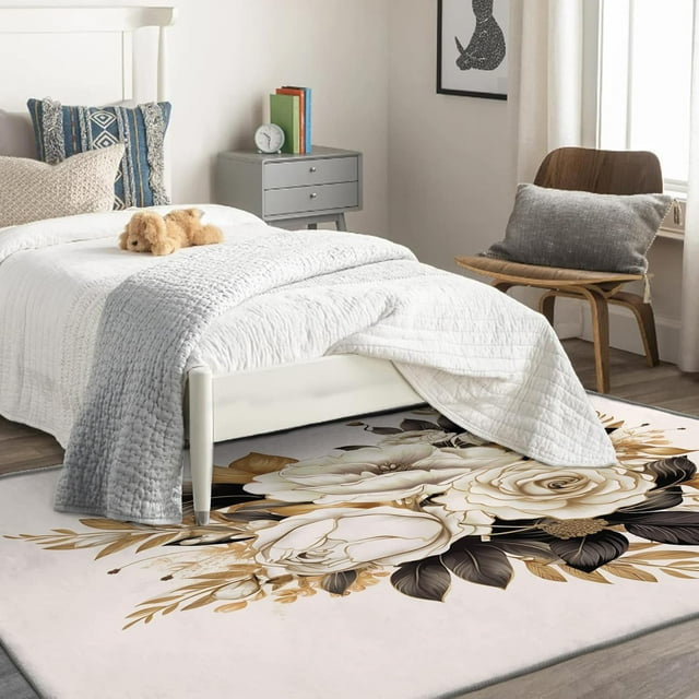 White Roses Rug 4x5 Area Rugs for Bedroom Living Room, Floral Area Rug, Flower Carpet Machine Washable Non-Slip Rug, Soft Low Pile Area Rug, Indoor Decorative Rugs d&ip287