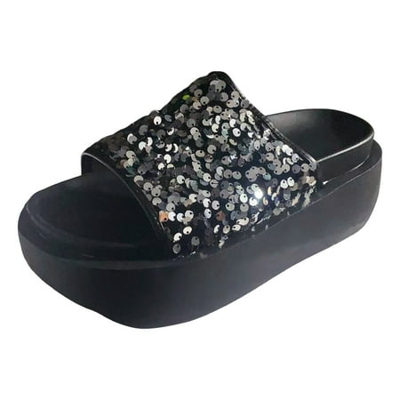 

WNVMWI Sandals Women Slippers Summer White Strappy Sandals Black Shoes Slippers Flip Flops Summer Casual Solid Sequin Colour Beach Outer Wear Thick Bottom Slope Heel Big Size Sandal Slippers Size 38