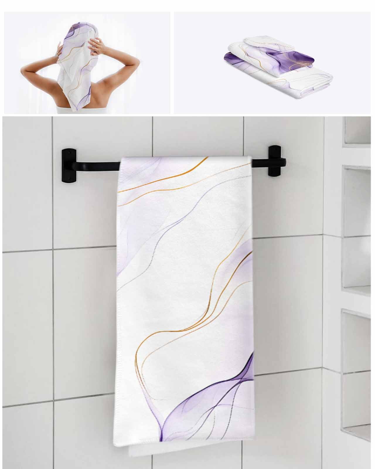 Marble Purple Bath Towels for Bathroom Set,Luxury Microfiber Towels Gifts for Women,Beach Kitchen Hand Hair Face Towel and Dish Washcloth,Gold White Modern Gradient Ocean Ripple Towels+Set
