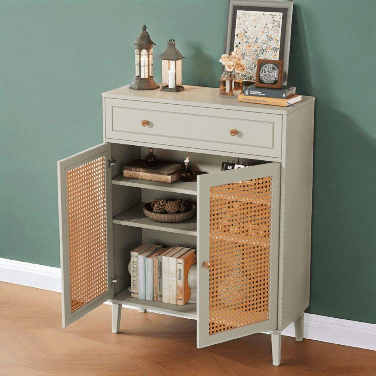 AsterOutdoor Mint Green Shoe Storage Cabinet with Adjustable Shelves & Drawer, White