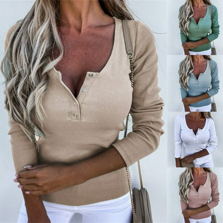 

Yinreli Lady Shirt Solid Color Slim V Neck Pullover Buttons Blouse for Work