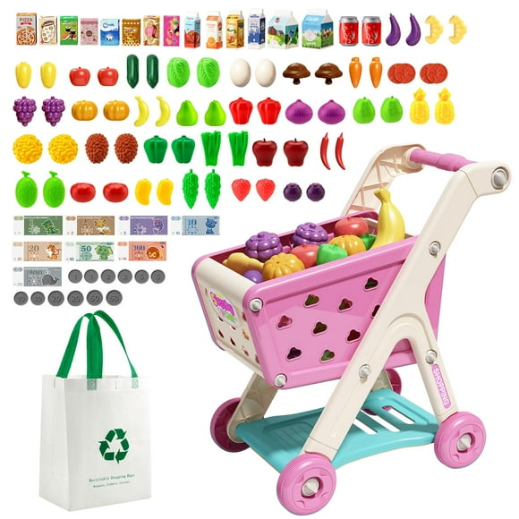Juego para carrito de compras Jovow, 98 piezas, con comida simulada para más de 3 años
