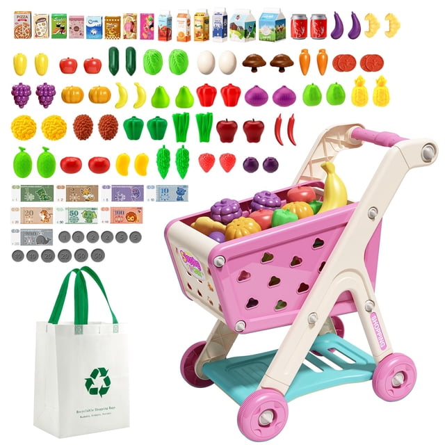 Juego para carrito de compras Jovow, 98 piezas, con comida simulada para más de 3 años