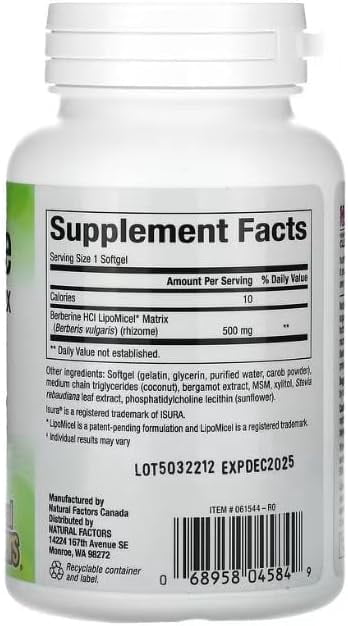 Natural Factors Berberine LipoMicel Matrix Softgels for Healthy Aging and Weight Management, 500 mg, 60 Softgels