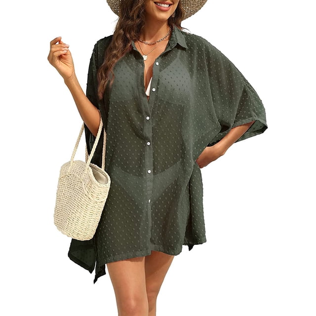 VISgogo Camisa de playa informal para mujer, textura de lunares de color sólido, manga 3/4, cubierta suelta transparente VISgogo moda