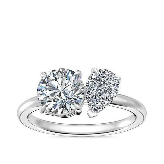 1.00 T.C.W Round & Pear Natural Diamonds Beautiful Two Stone Ring for Engagement Solid 14K White Gold Size 7
