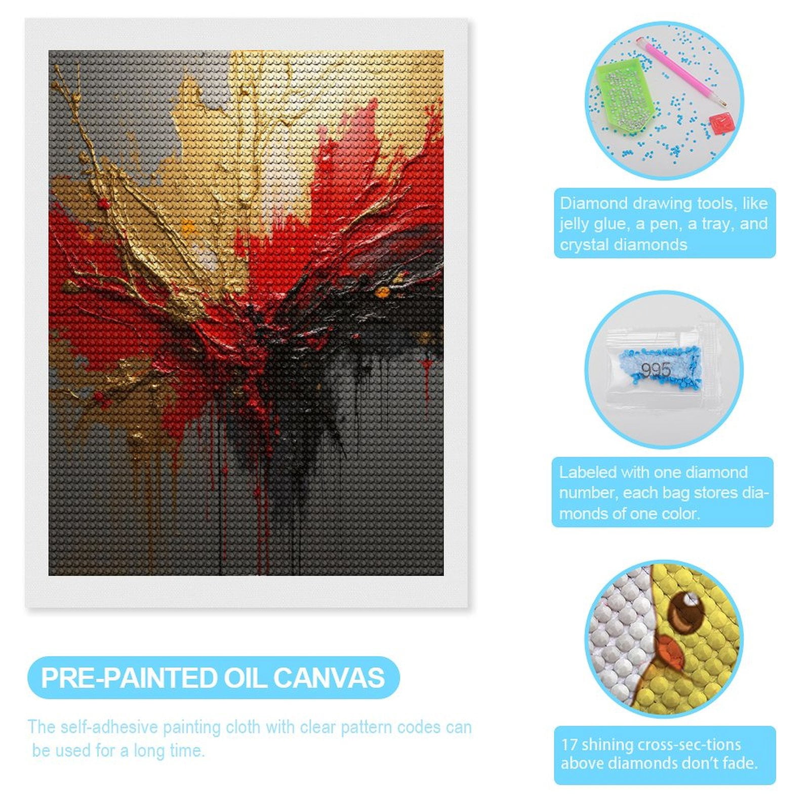Diamond Art Kits for Adults, Abstract Red Gold Explosion Art 5D Diamond Painting Kits for Adults Beginners, DIY Full Drill Diamond Painting, Gem Art and Crafts 12x16