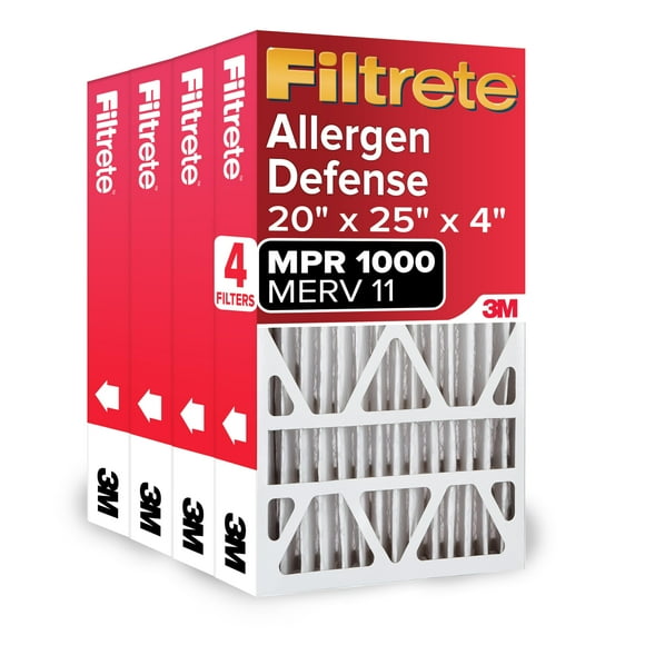 Filtrete Filtre à Air 20x25x4, MPR 1000, MERV 11, Défense contre les Allergènes 12 Mois Plissé Profond 4 Pouces, 4 Filtres
