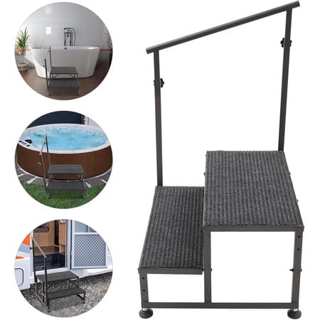 WenDissy 2-Step Steel Step Stool with Handrail, 450LBS Anti-Slip Cushioned Ladder for Hot Tub RV Home Entry