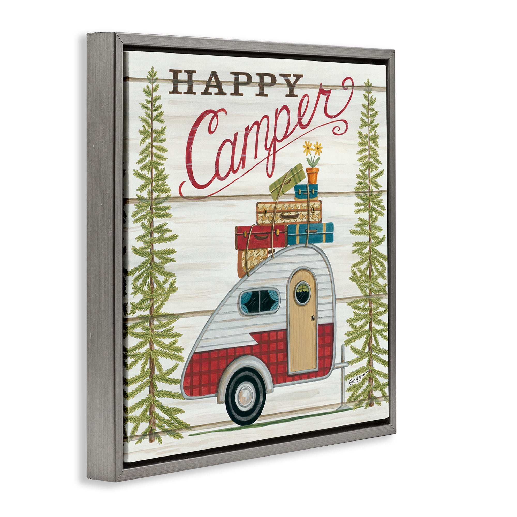 Stupell Industries Rustic Happy Camper Phrase Typography Painting Gray Floater Framed Canvas Art Print Wall Art, 18 x 18