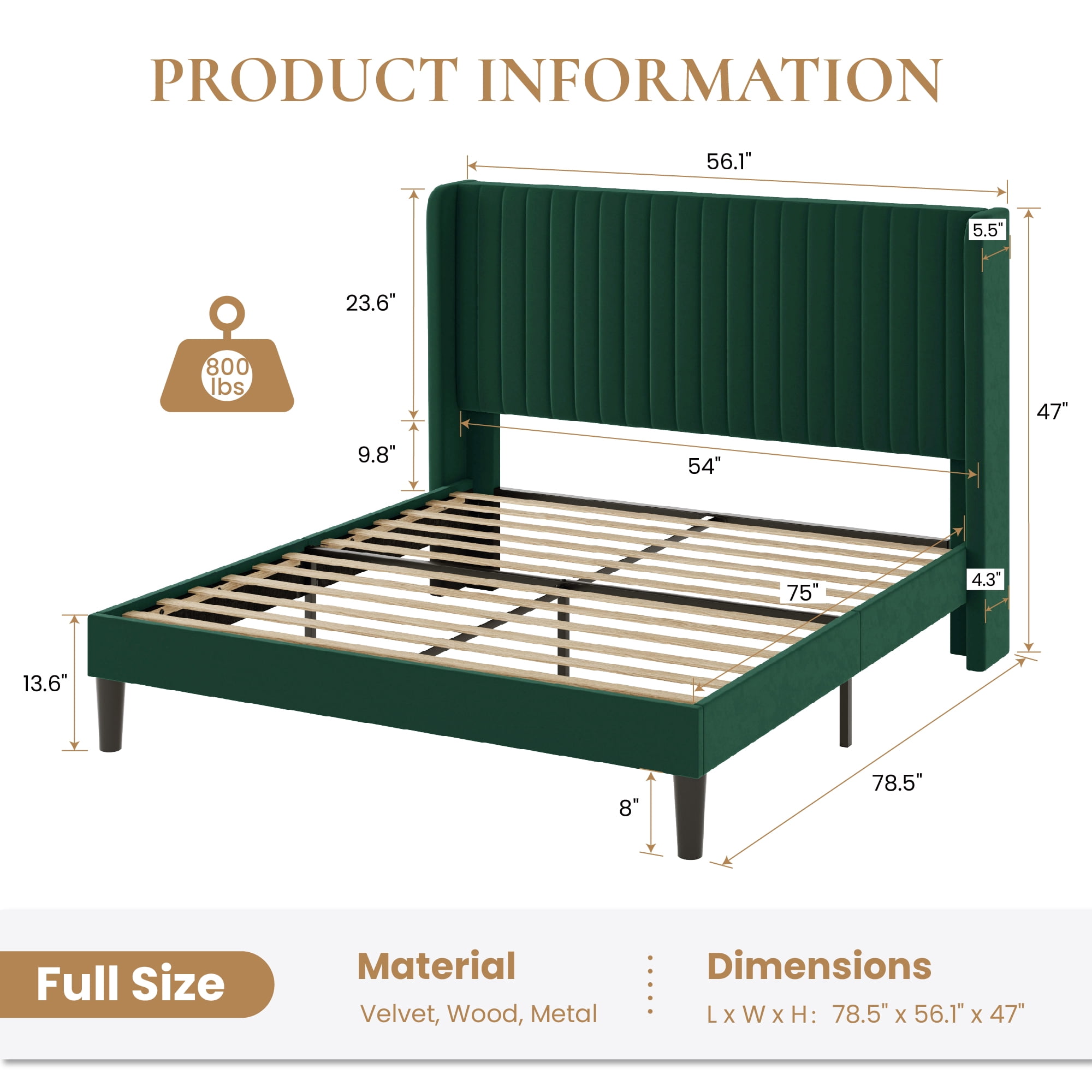 Sha Cerlin Full Size Upholstered Platform Bed Frame with Velvet Channel Wingback Headboard, Green