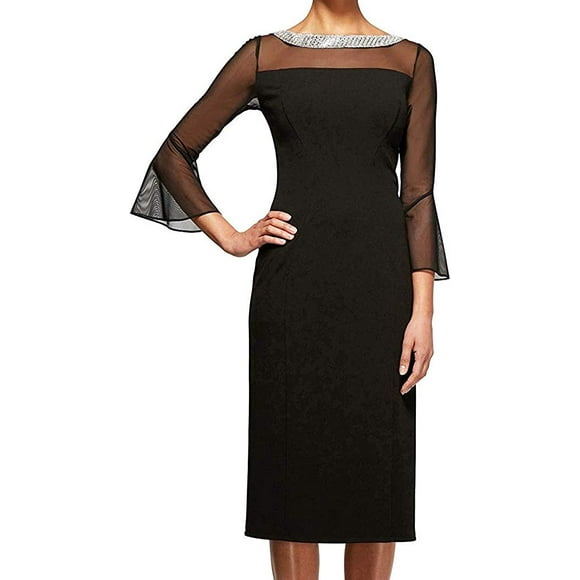 Alex Evenings Womens Short Shift Dress with Embellished Illusion Detail 6 Black