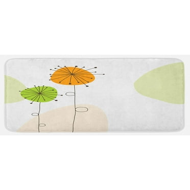 Dandelion Kitchen Mat, Abstract Flower Celebration Theme Shower Inspired Arrangement, Plush Decorative Kitchen Mat with Non Slip Backing, 47" X 19", Dark Brown Orange Green, by Ambesonne