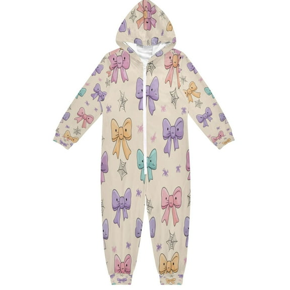 Soft Big Kids Onesie Pajamas Cozy Loose-Fit Jumpsuits for kids with Pockets for Christmas Lounge & Play Colorful Bow Pattern