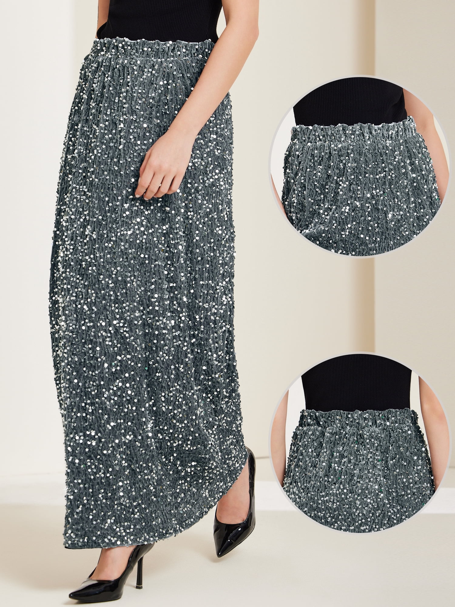 DARING DIVA Women's Sequin Velvet Skirt Sparkle Party Maxi Skirt XL Dark Gray