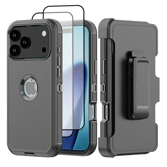 Hotpom for iPhone 17 Pro Max Case with Belt Clip 2 Pack Screen Protector Complete Body Tough Shockproof And Dustproof Protective Cover, Black