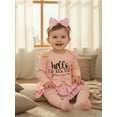 thumbnail image 4 of BemeyourBBs Newborn Hello I'm New Here Baby Girl Coming Home Outfits Letter Print Long Sleeve Romper Ruffle Shorts Skirt Headband Long Socks Set 4Pcs Spring Fall Winter Clothes, 4 of 9