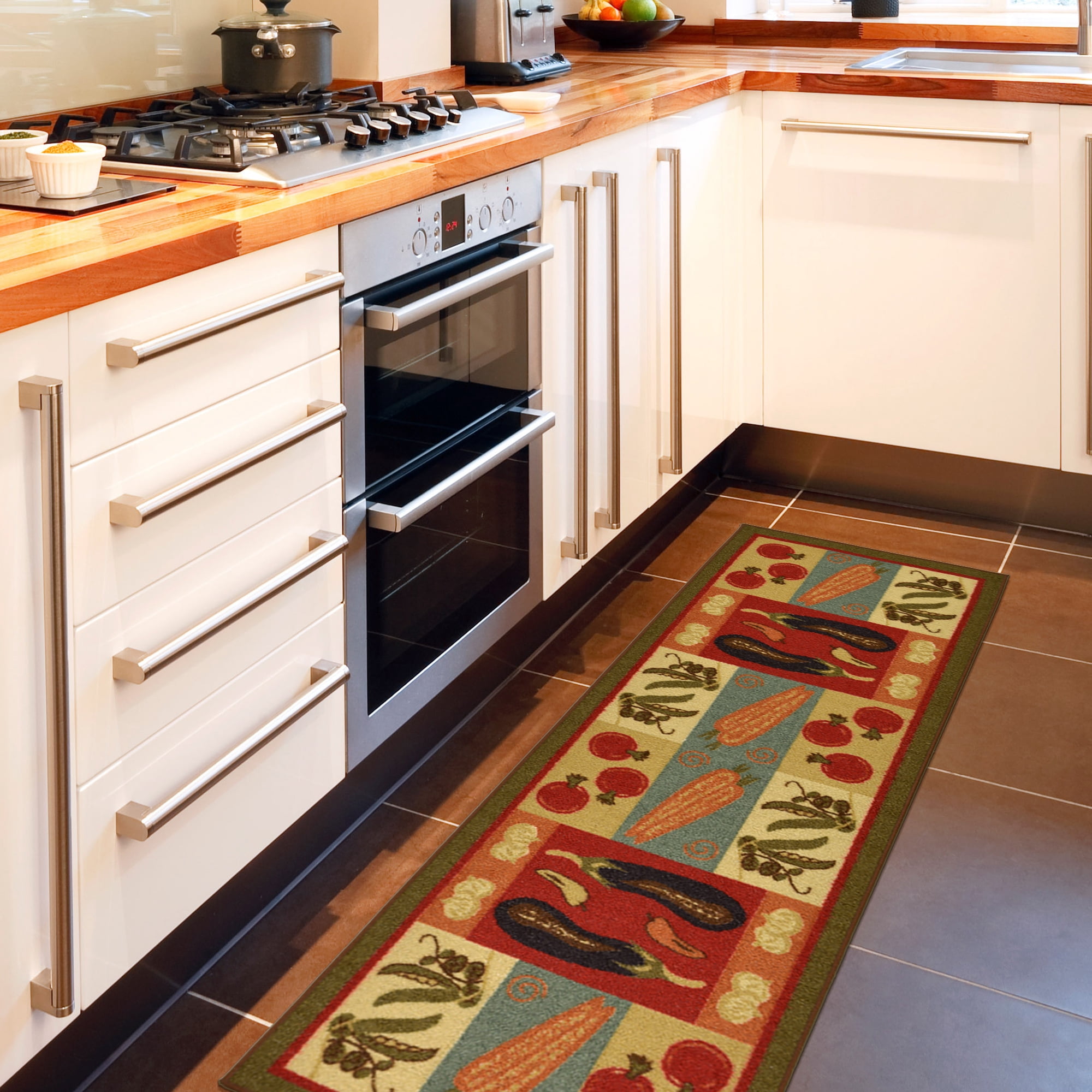 Ottomanson Non-Slip Rubberback Vegetables 2x5 Kitchen Runner Rug, 20" x 59", Olive