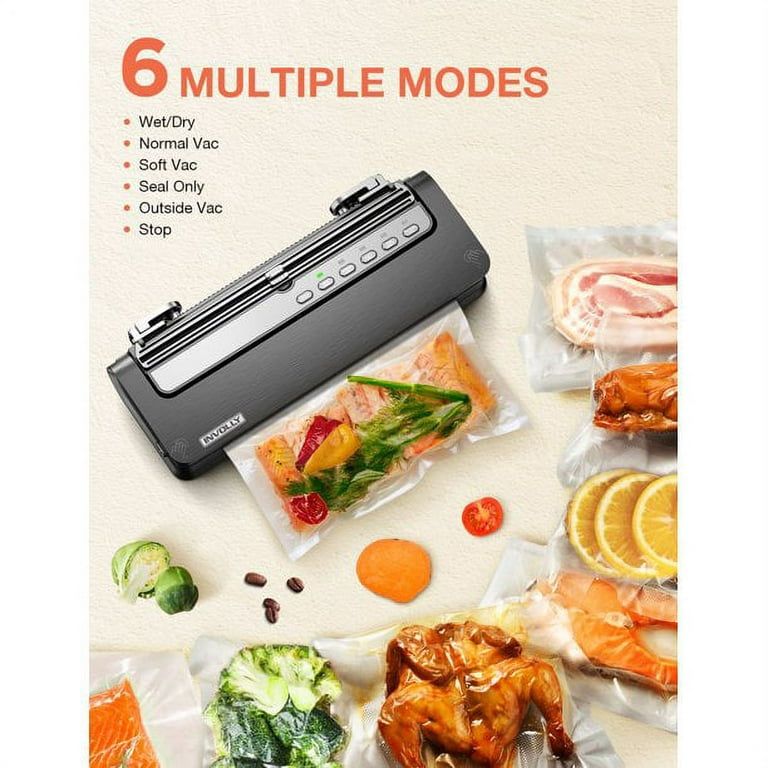 Involly 6 in 1 Vacuum Sealer Machine, 65Kpa Automatic Food Saver with 6  Modes for Food Preservation, Food Sealer Machine with External Vacuum  System, Including Cutter Starter Kit Roll and Holder 