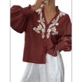 thumbnail image 1 of Women's Embroidered Linen Shirts Button Up Sleeve V Neck Boho Blouse Wine Red L, 1 of 10
