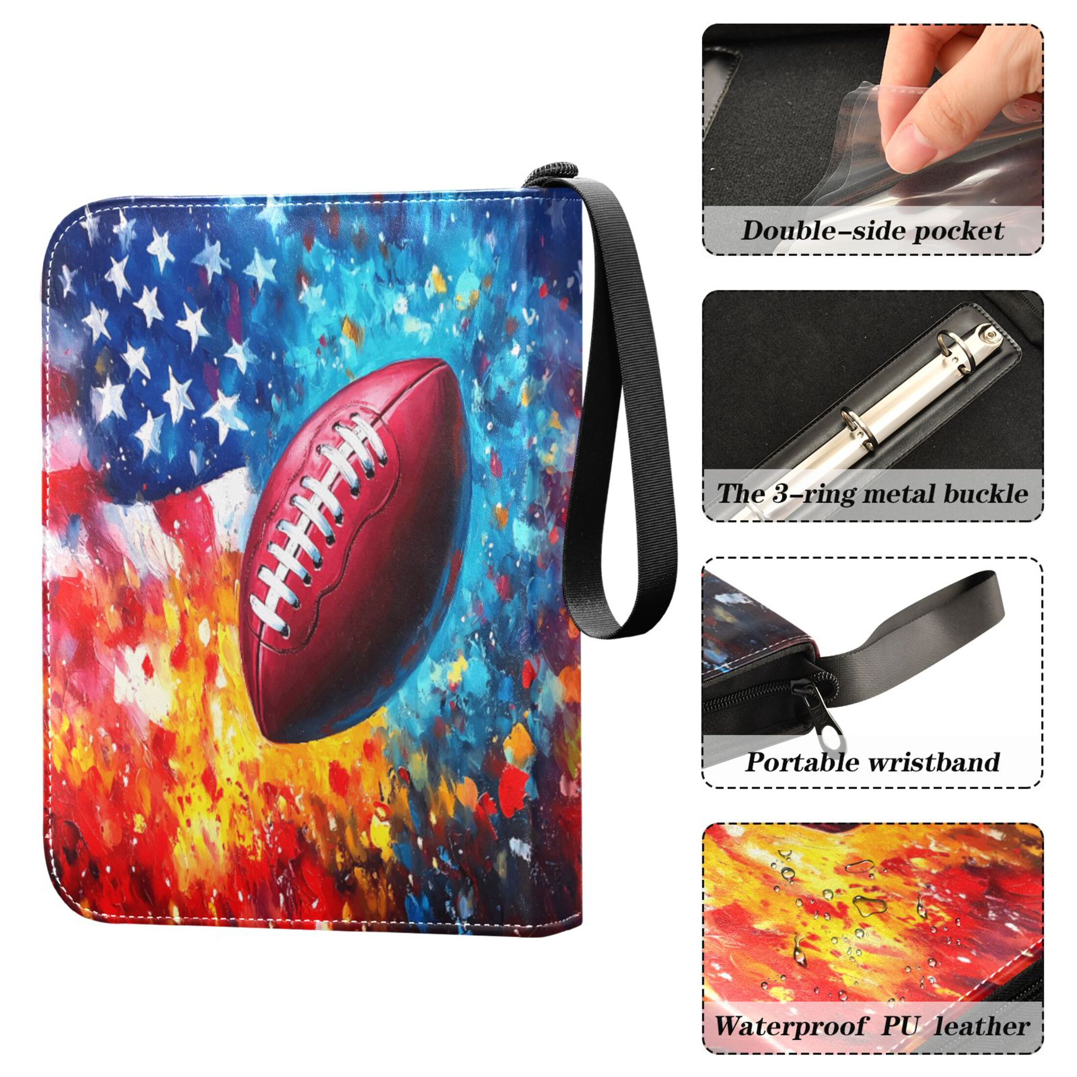 Trading Card Binder Album 400 Pockets 50 Removable 4-Pocket Pages Waterproof American Flag and Football
