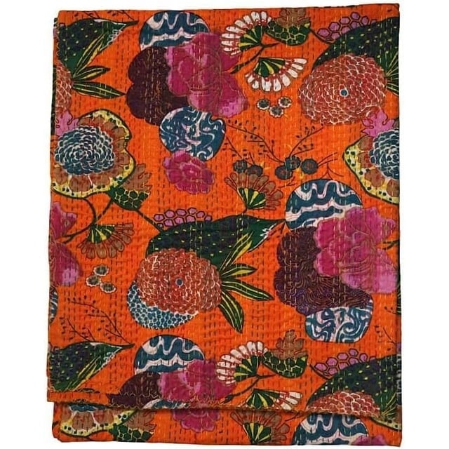 ColorFull House Courtepointe Kantha Indienne Tissée à la Main à Imprimé Floral, Couvre-Lit, Drap, Couverture Jetée Taille ( Simple 60 Pouces x 90 Pouces )