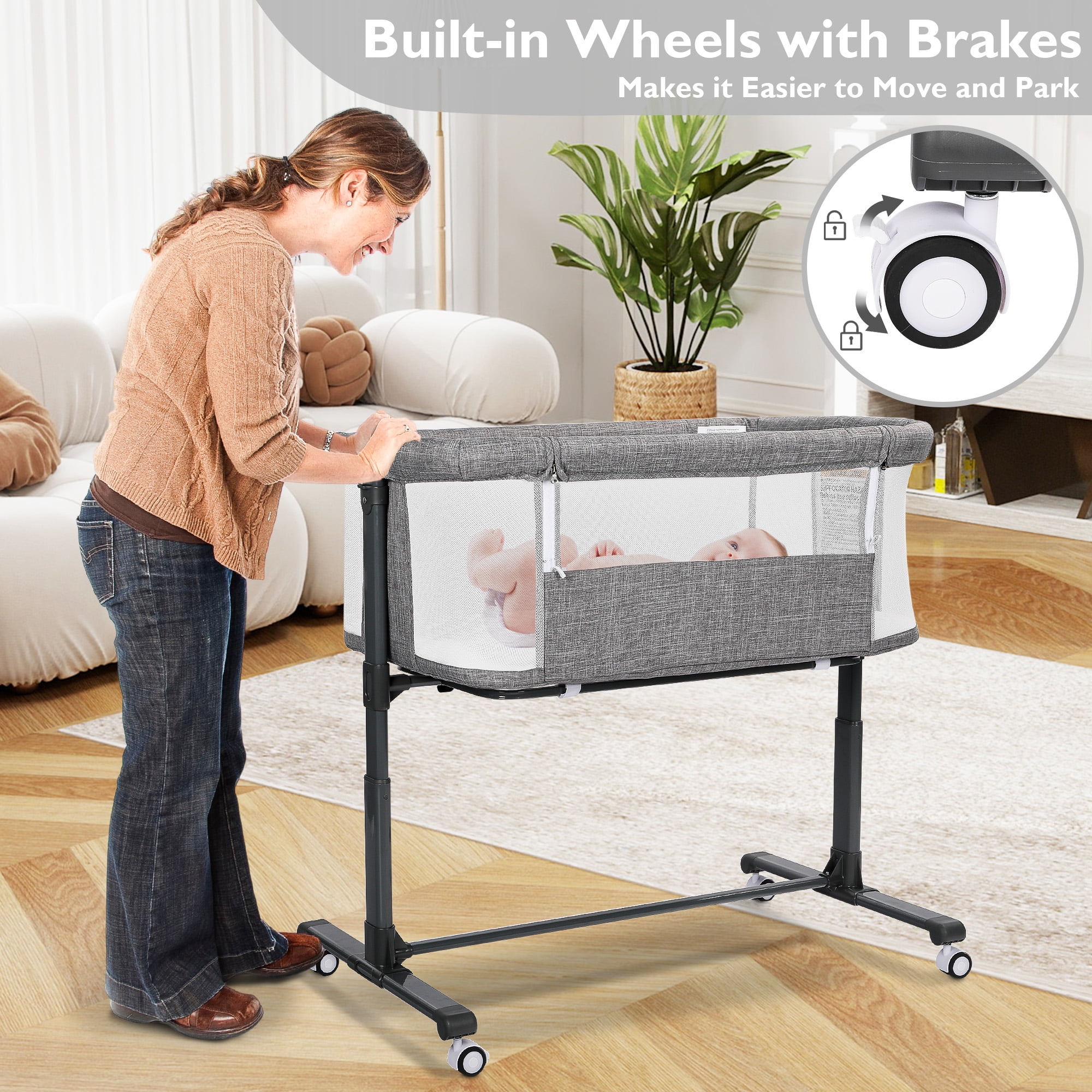 AILEEKISS Baby Bassinet with Wheels Adjustable Bedside Sleeper Bassinet Newborn Baby Crib, Grey