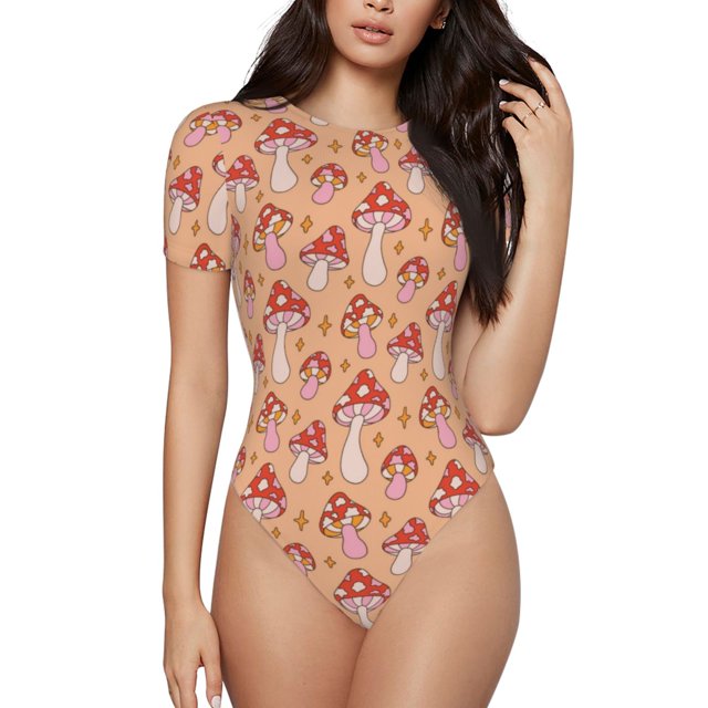 Saiise Grenouillère à Manches Courtes pour Femme à Motif de Champignons, Pyjama à Col Rond, Justaucorps Extensible avec Fermeture à Boutons-Pression - Petit