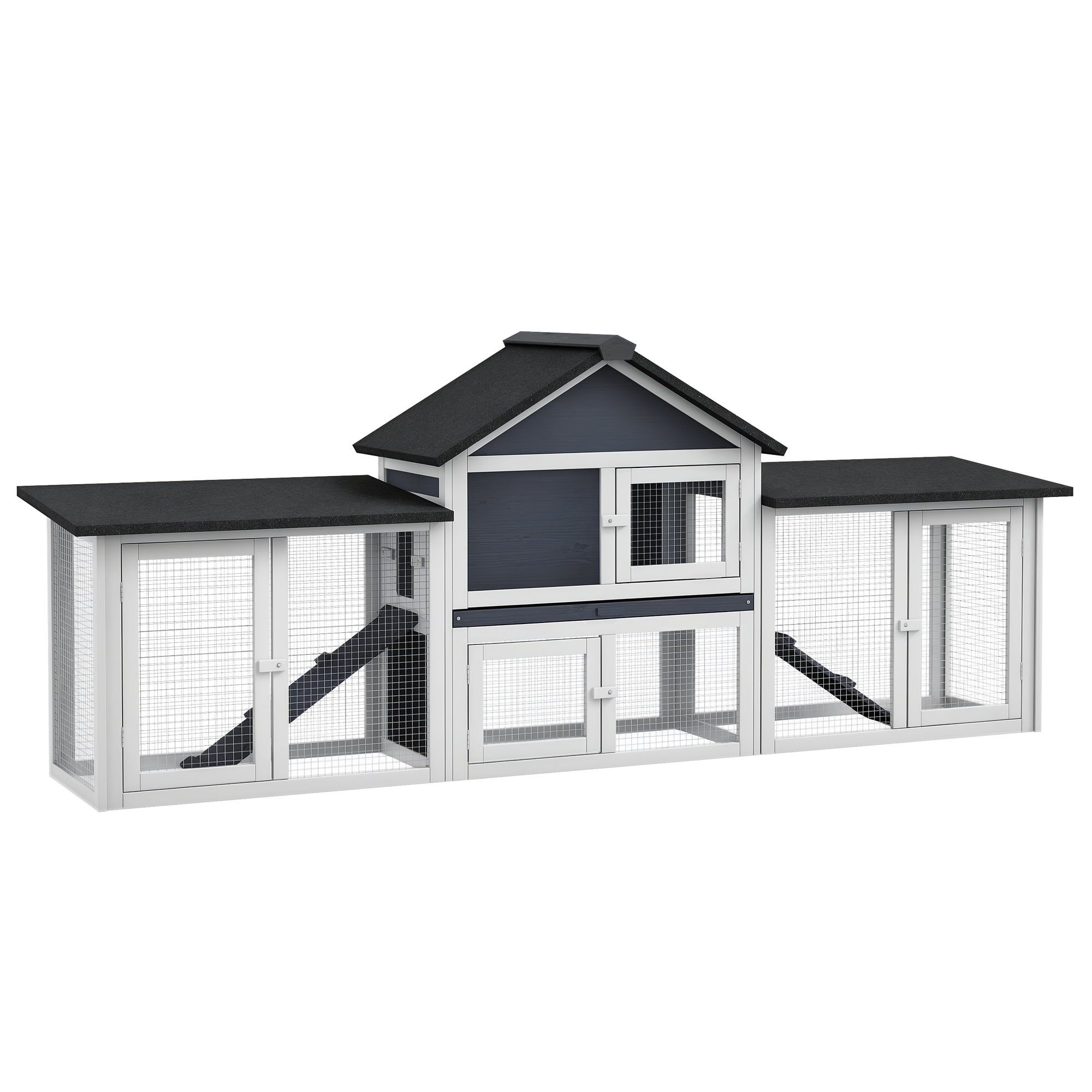 83"L Outdoor Rabbit Hutch, Guinea Pig Cage Indoor Outdoor Wooden Bunny Hutch with Double Runs, Weatherproof Roof, Removable Tray, Ramps, Dark Gray