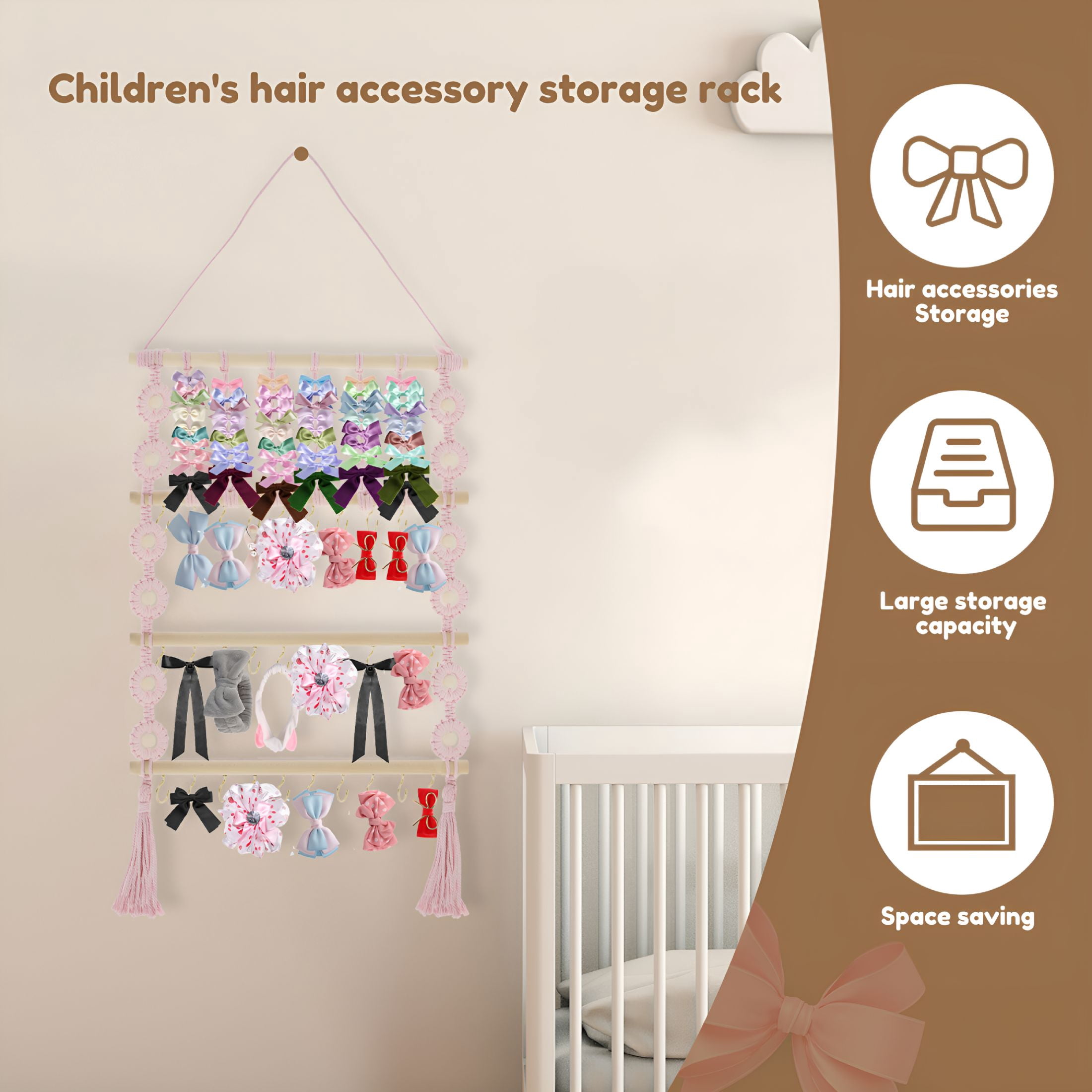 XIBUFE 2026 New Bow Organizer for Girls Headband Holder Hair Bows Organizer for Baby Girls Large Capacity Bow Holder Hair Accessories Wall Hanging Organizer for Toddler Baby Girl Room Decor(Pink)