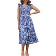 thumbnail image 1 of INSPIRE CHIC Vestido Midi de Playa para Mujeres de Verano con Estampado, Cuello en V, Cintura Elástica, Mangas con Volantes, Corte A, Talla L, Azul, 1 of 6