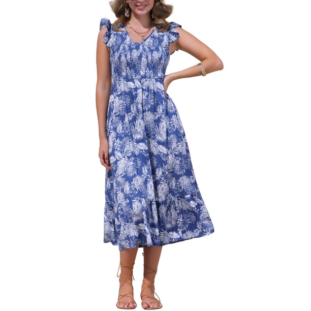 INSPIRE CHIC Vestido Midi de Playa para Mujeres de Verano con Estampado, Cuello en V, Cintura Elástica, Mangas con Volantes, Corte A, Talla L, Azul
