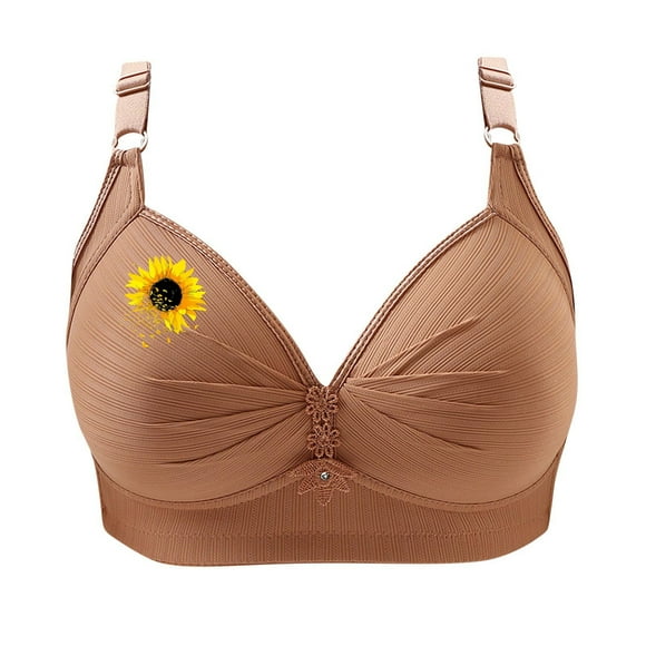 FAVIPT Plus Size Bras Women Wireless Floral Print Daily Underwear Breathable Adjustable Comfort Bras for Old Women 2025 Khaki,M