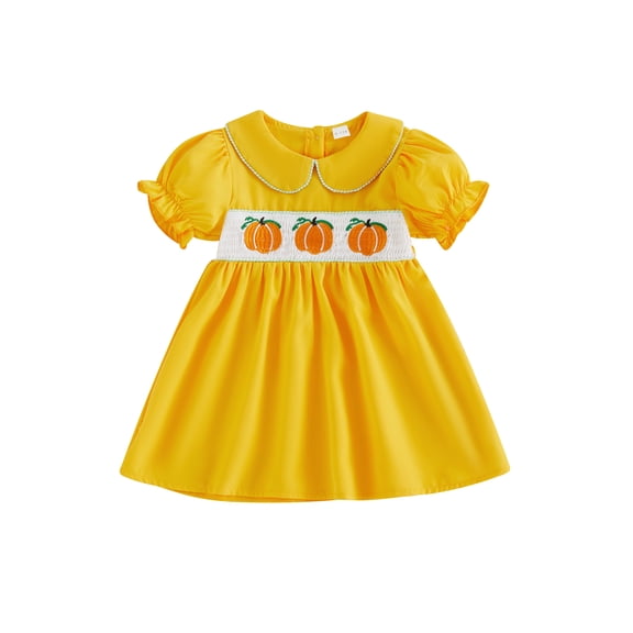 Cjfdfy Toddler Baby Girls Halloween Dress Thanksgiving Outfit Infant Baby Girls Summer Fall Smocked Dress Fall Pumpkin Embroidered Doll Collar Puff Short Sleeve Dress