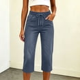 thumbnail image 4 of TEAJOPSUU Women's Straight Leg Capris Jeans Casual Pull On Elastic Waist High Waisted Stretchy Denim Capri Pants with Pockets Dark Blue, 4 of 8