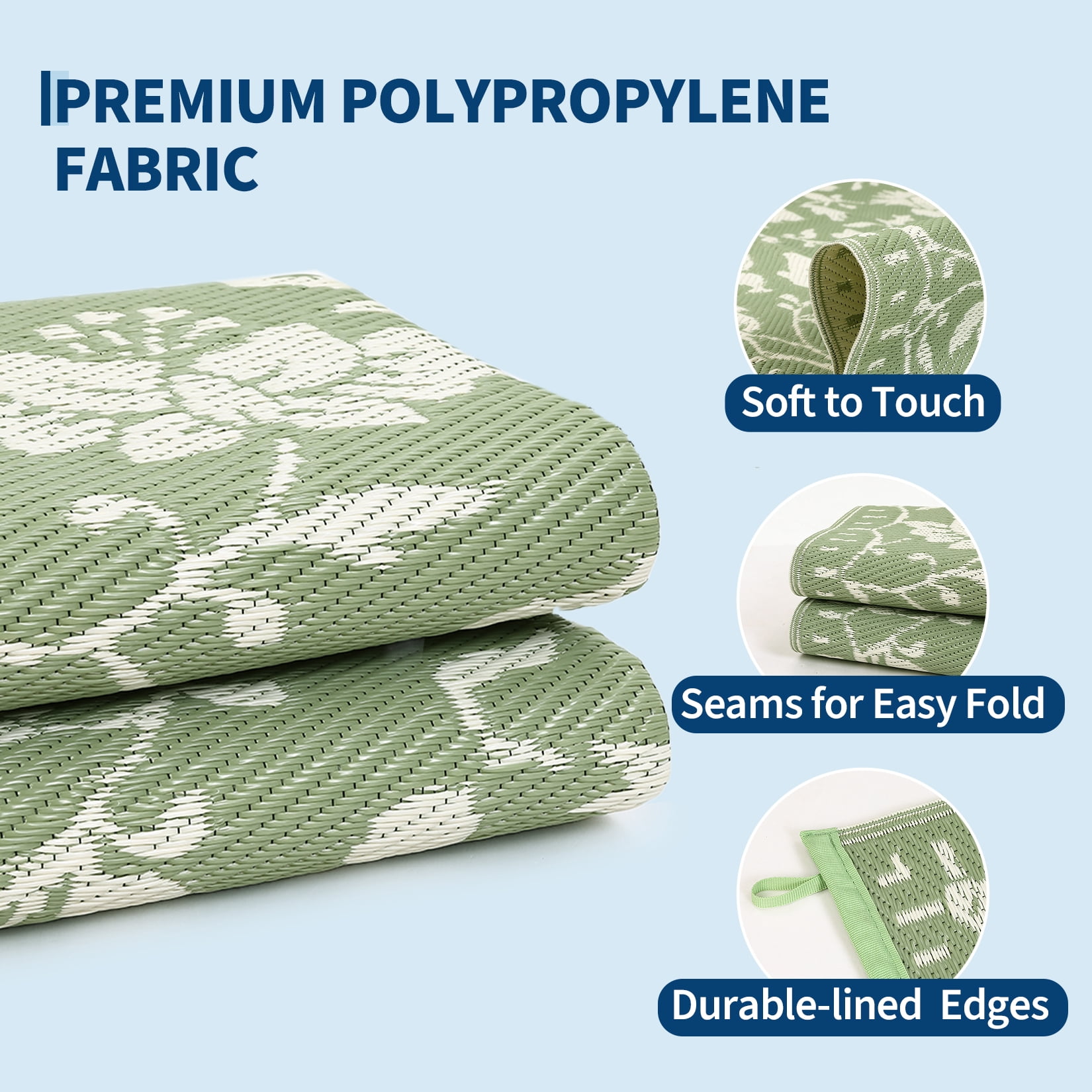 Garvee 10'x14' Outdoor Rug Waterproof Floral Camping Carpet, Reversible Plastic Straw Rug Outdoor Rug for Patio RV Balcony Backyard, Green