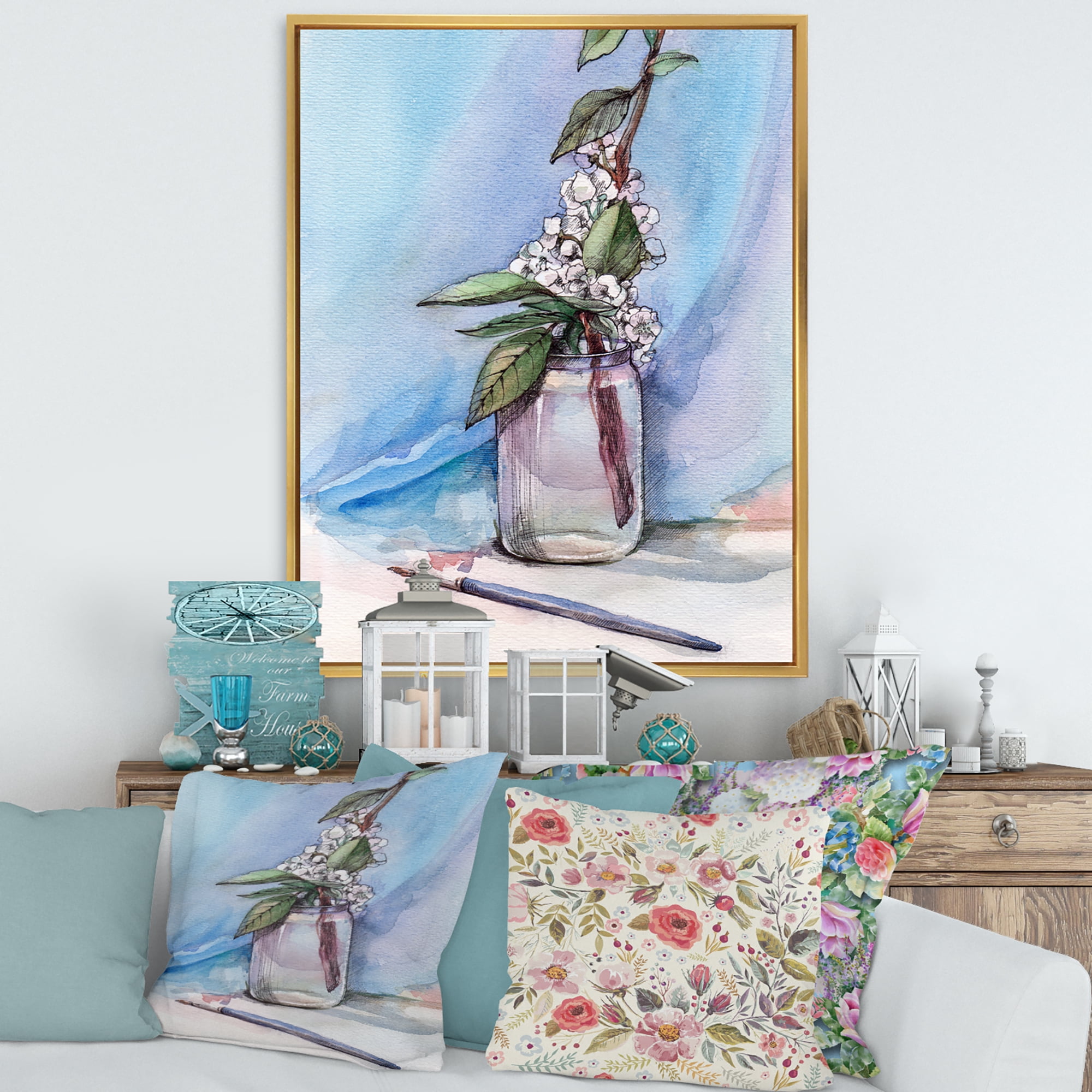 Designart 'Cherry Blossom Flowers In Glass Jar' Farmhouse Framed Canvas Wall Art Print